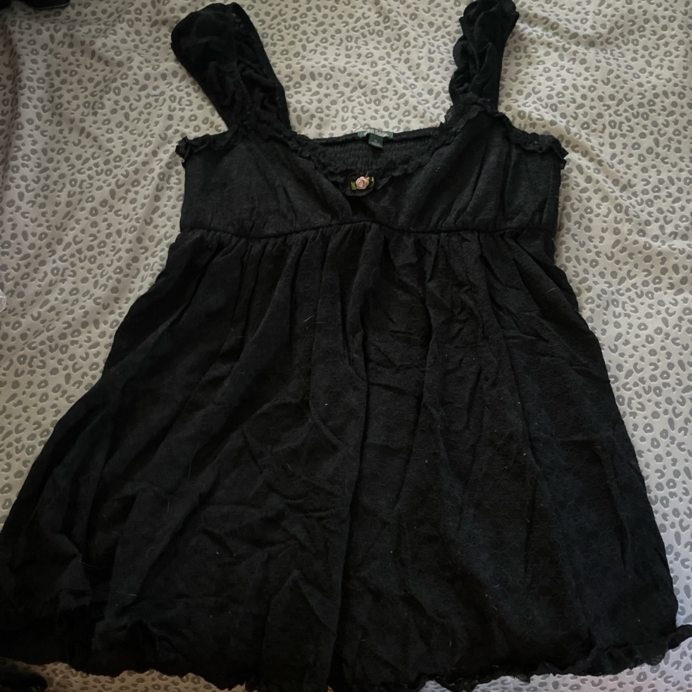 wild fable Black Lace Ruffled Tank with Pink Rose Accent
